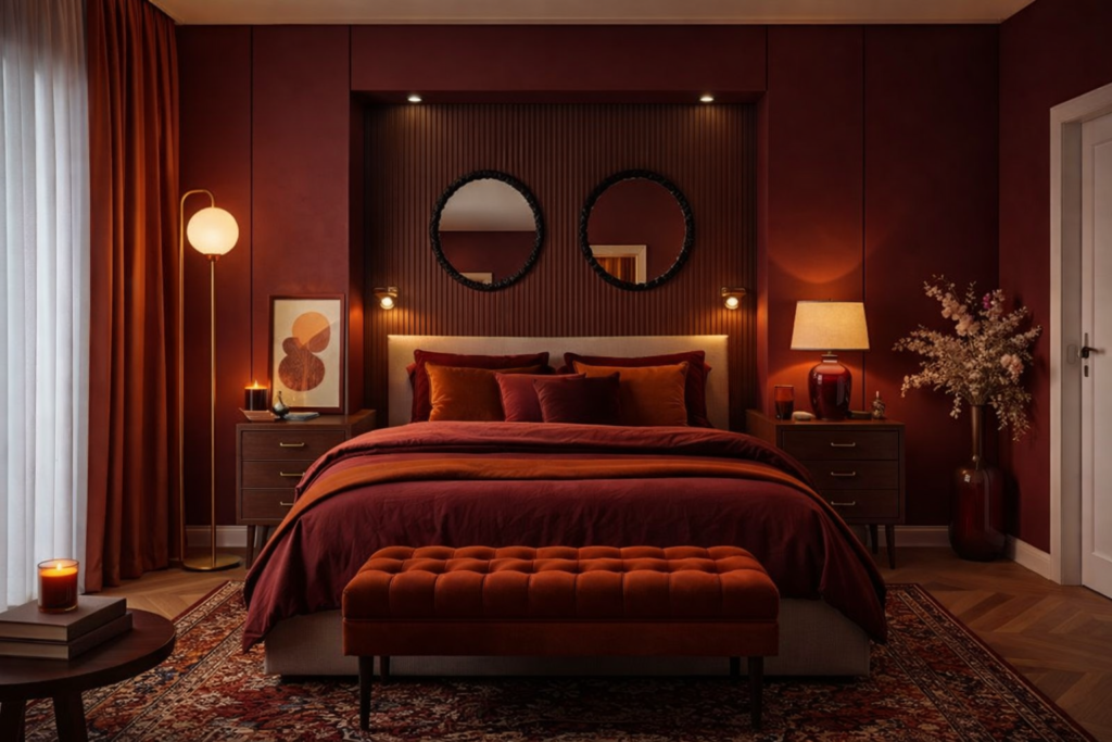 Chambre élégante bordeaux orange et laiton avant apres couleur