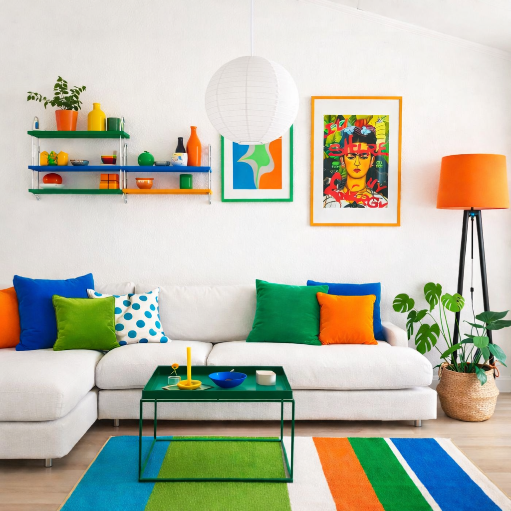 Salon moderne et coloré avec art